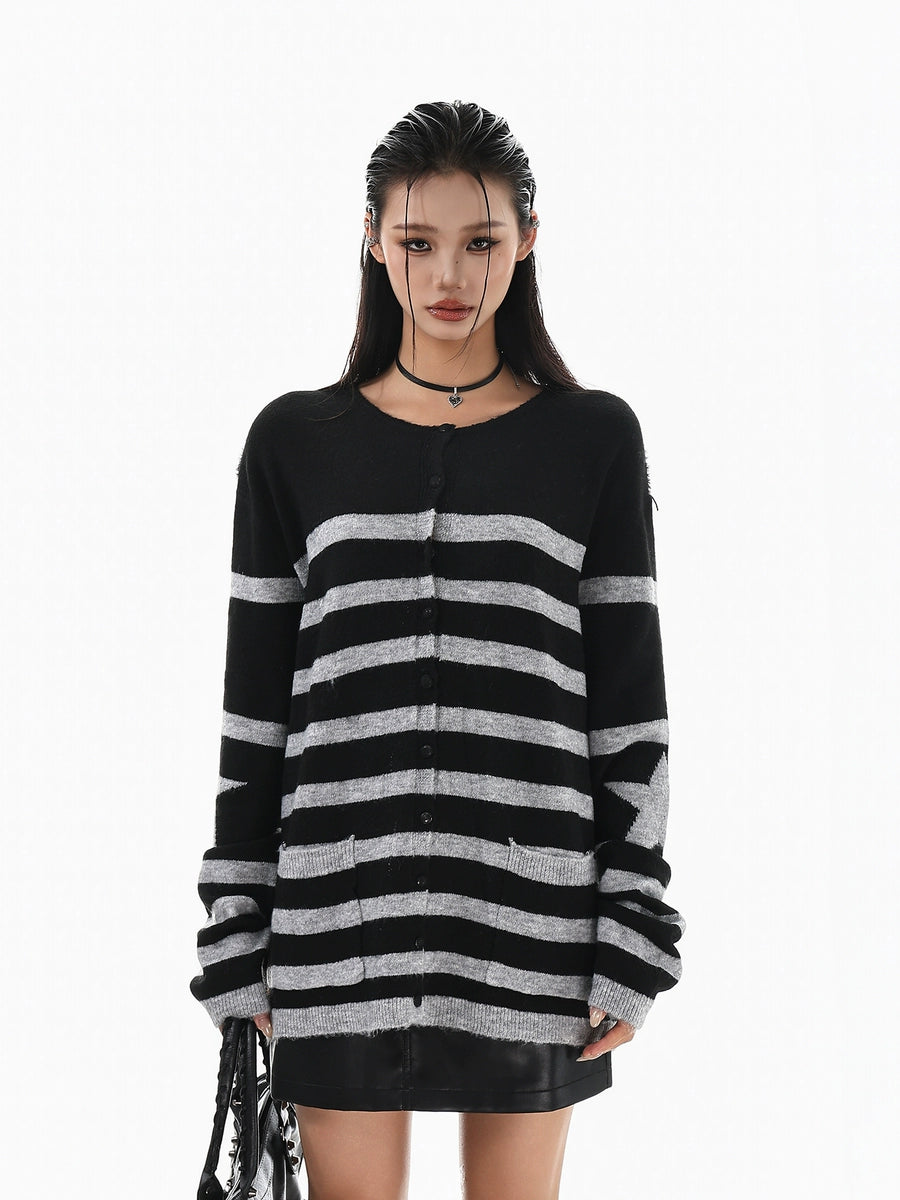 Women's Striped Oversized Retro Knit Cardigan Open-Front Sweater for Office Outfits Fall Work and Weekend Spring Everyday