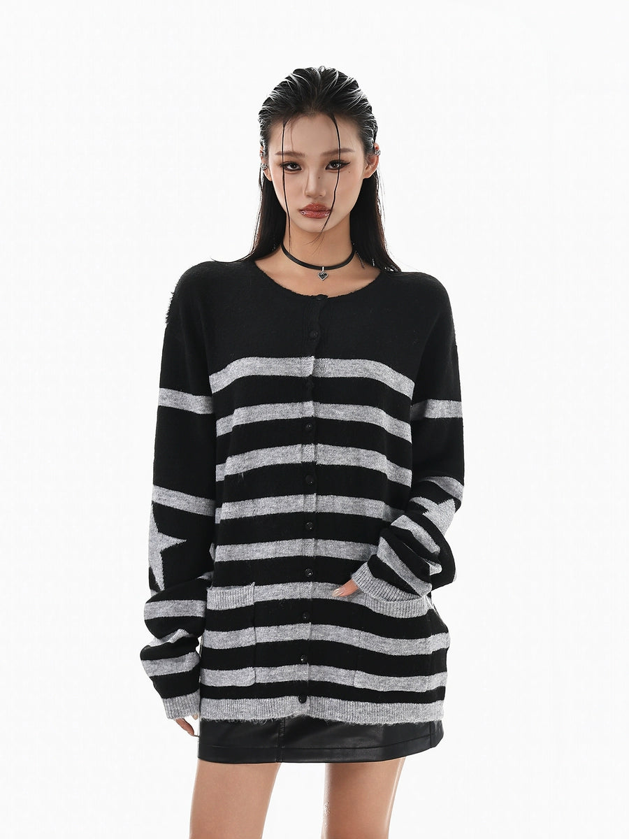Women's Striped Oversized Retro Knit Cardigan Open-Front Sweater for Office Outfits Fall Work and Weekend Spring Everyday