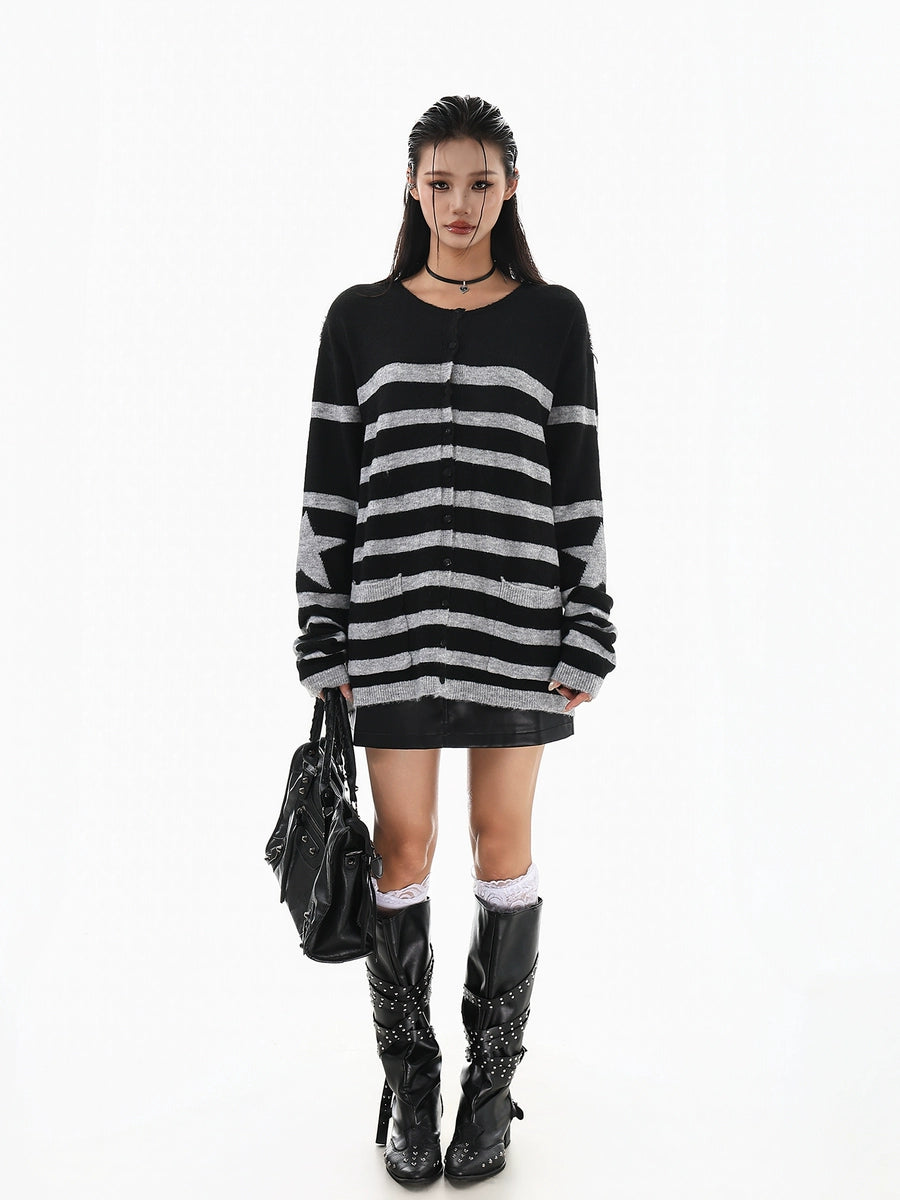 Women's Striped Oversized Retro Knit Cardigan Open-Front Sweater for Office Outfits Fall Work and Weekend Spring Everyday