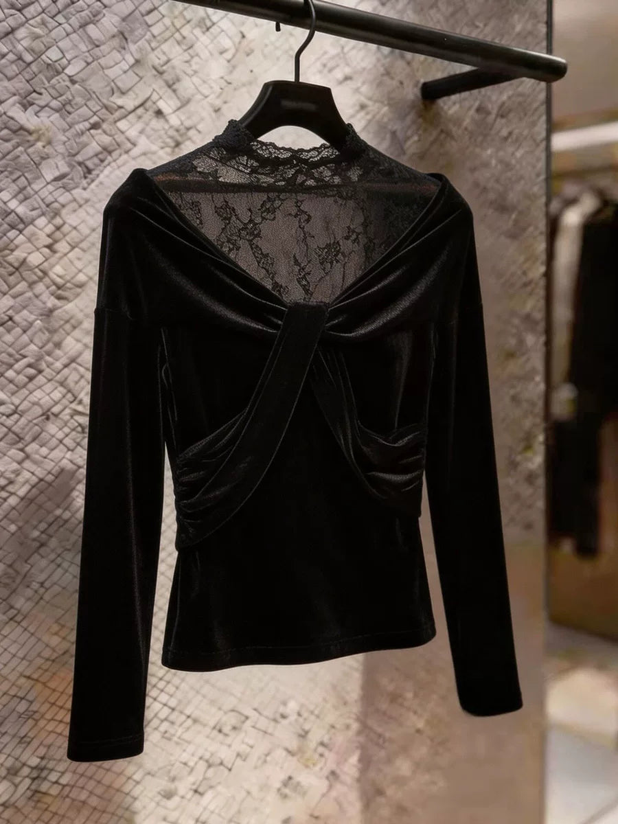 Women's V-Neck Black Lace Long Sleeve Retro Top Fashion Blouse Shirt for Office Outfits Business Casual Streetwear Weekend Everyday
