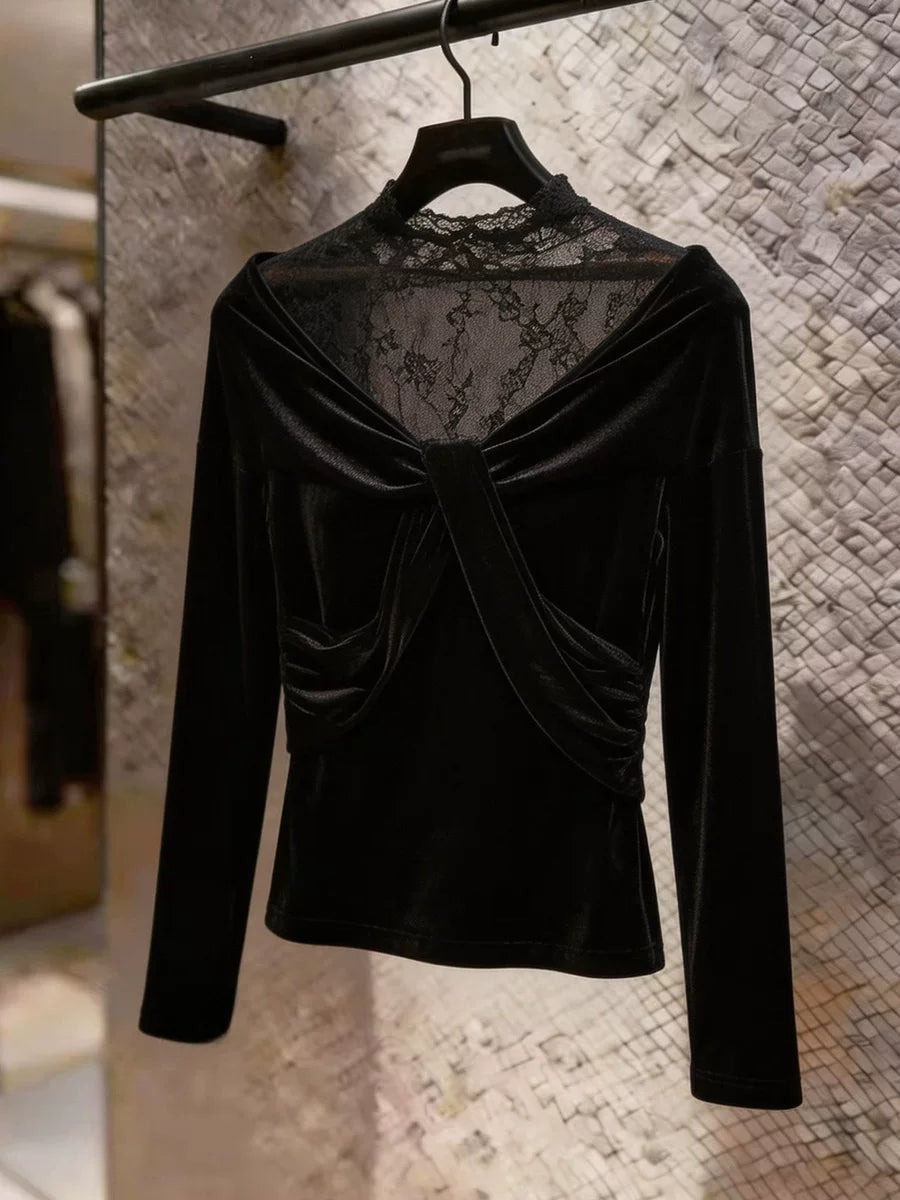 Women's V-Neck Black Lace Long Sleeve Retro Top Fashion Blouse Shirt for Office Outfits Business Casual Streetwear Weekend Everyday