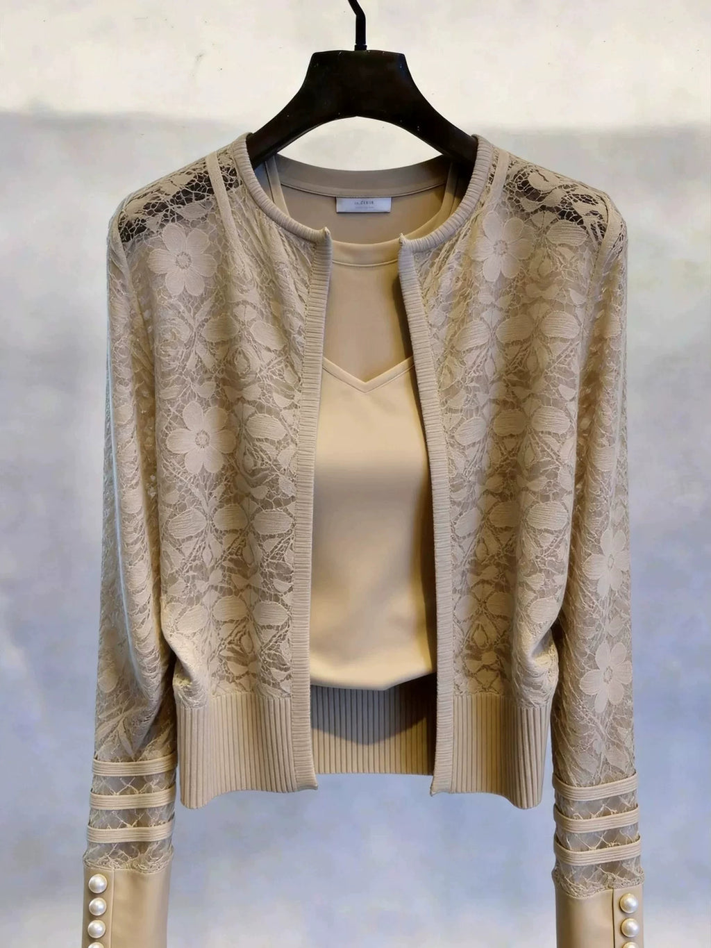 Women's Apricot Lace French-Inspired Casual Cardigan for Office Outfits Everyday Work Date Night Fall Winter