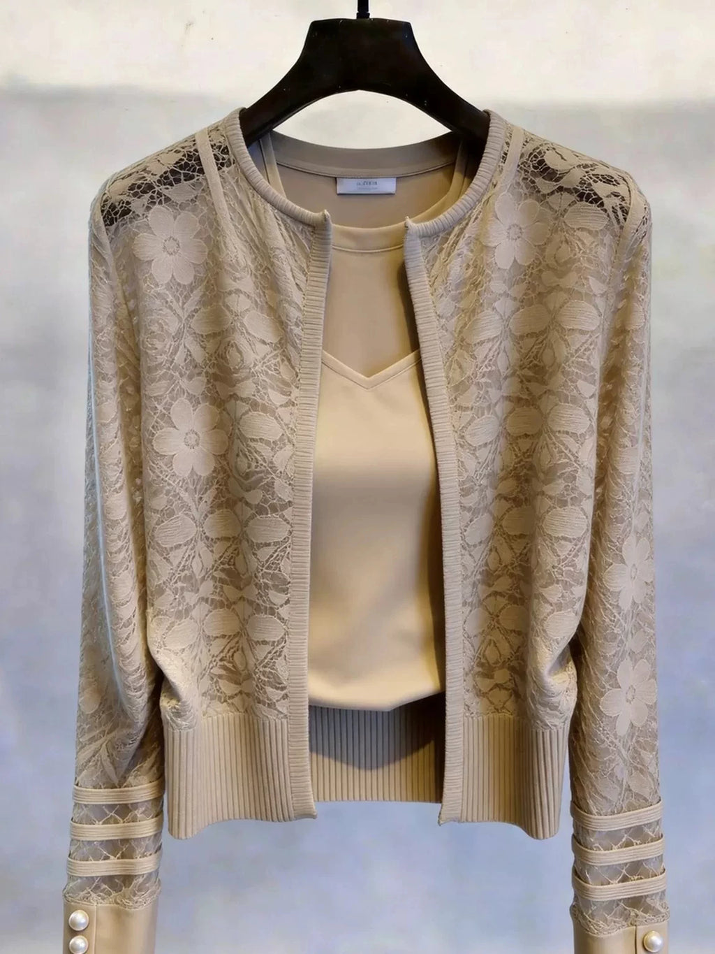 Women's Apricot Lace French-Inspired Casual Cardigan for Office Outfits Everyday Work Date Night Fall Winter