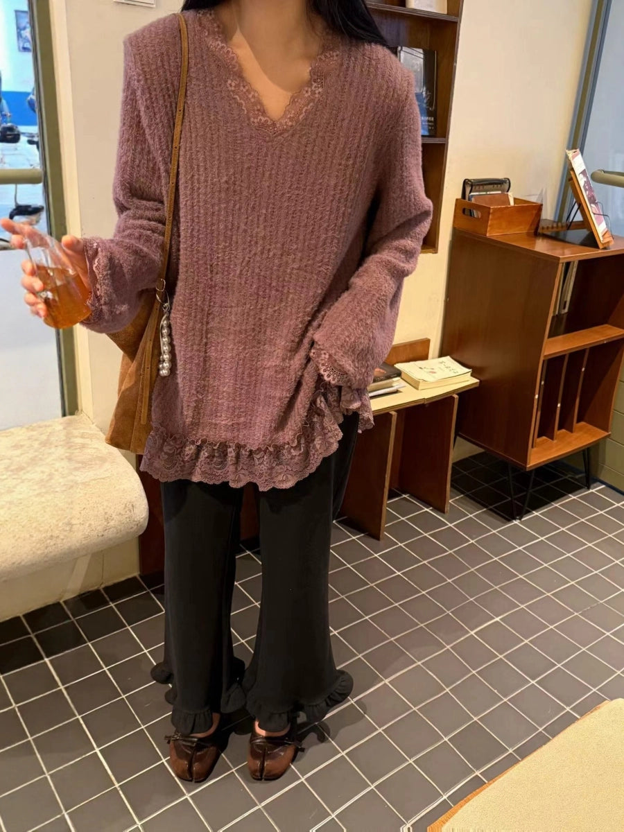 Women's V-Neck Lace Knit Oversized Long Sleeve Korean-Style Layered Hoodie Color-Block Sweatshirt for Casual Streetwear Fall Travel and Weekend Everyday