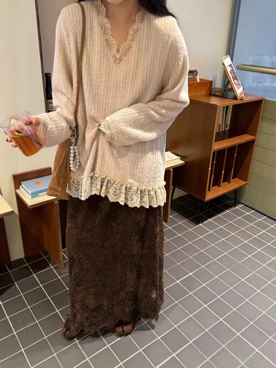 Women's V-Neck Lace Knit Oversized Long Sleeve Korean-Style Layered Hoodie Color-Block Sweatshirt for Casual Streetwear Fall Travel and Weekend Everyday