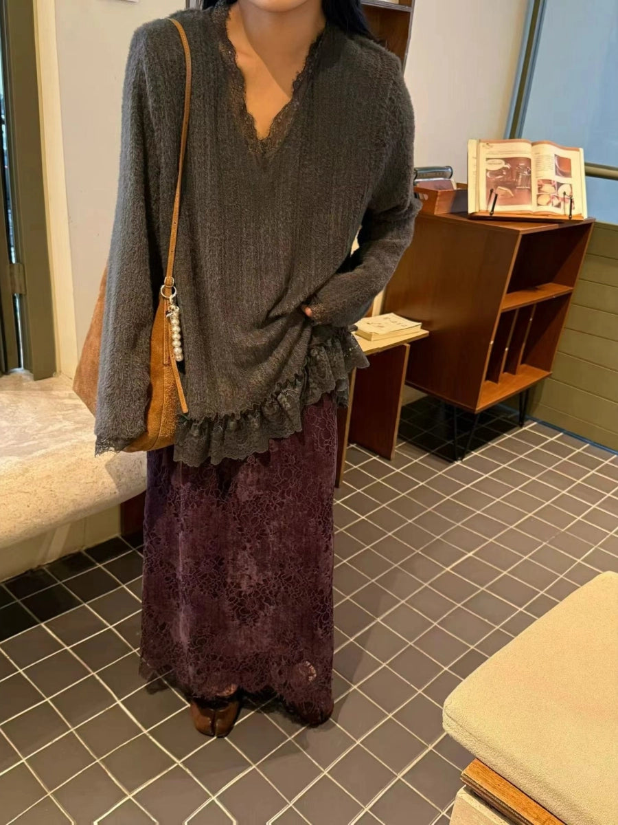 Women's V-Neck Lace Knit Oversized Long Sleeve Korean-Style Layered Hoodie Color-Block Sweatshirt for Casual Streetwear Fall Travel and Weekend Everyday