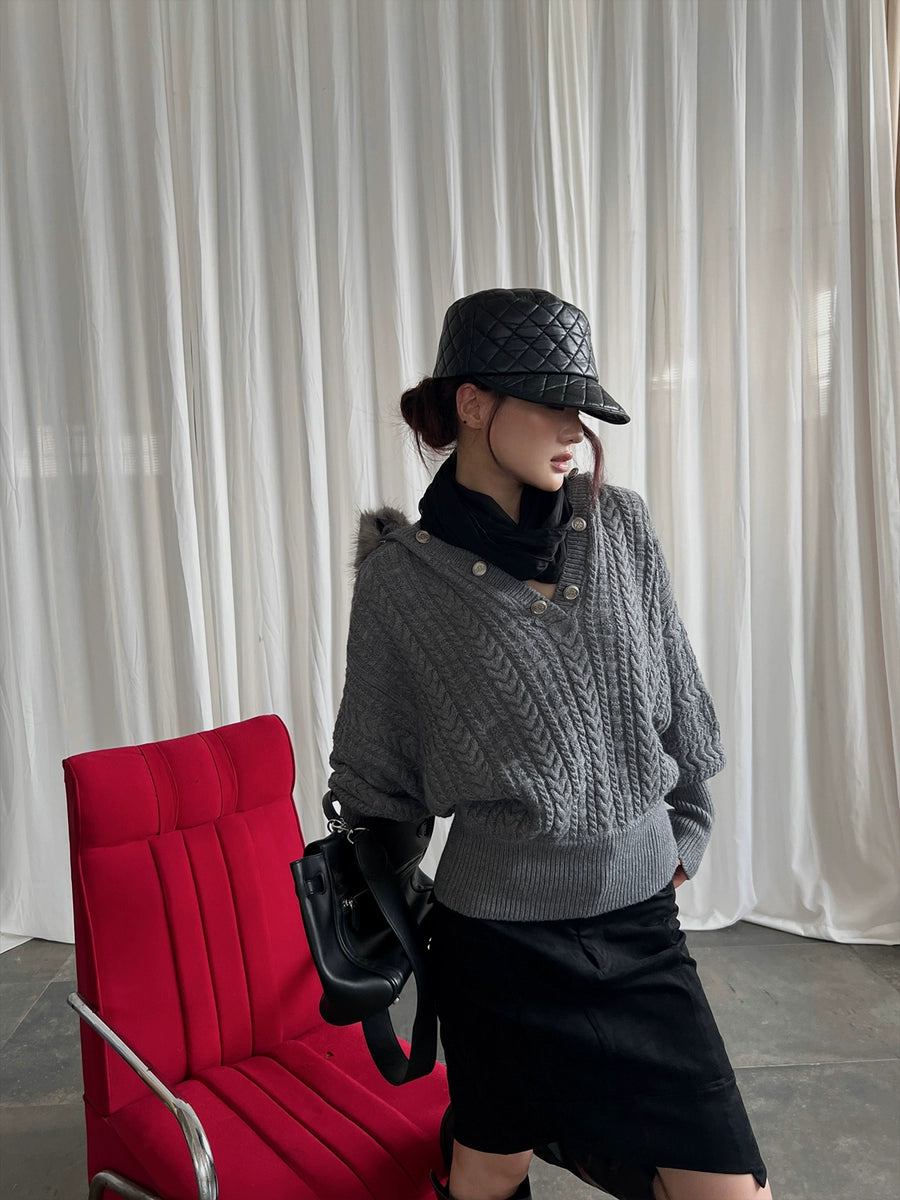 Women's Wool-Blend Fur-Collar V-Neck Hooded Sweater Knit Pullover Top for Fall Winter Spring Travel Office Everyday Date Night