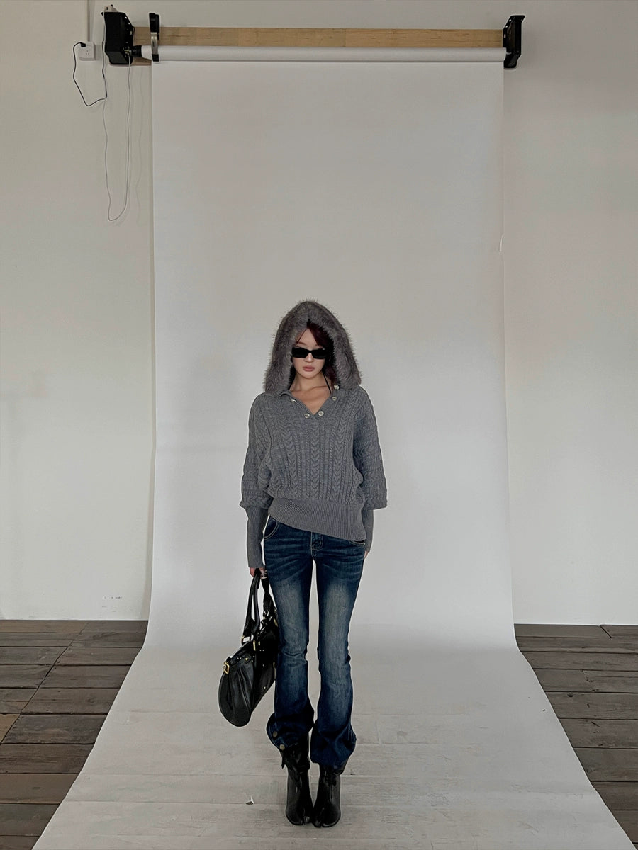 Women's Wool-Blend Fur-Collar V-Neck Hooded Sweater Knit Pullover Top for Fall Winter Spring Travel Office Everyday Date Night