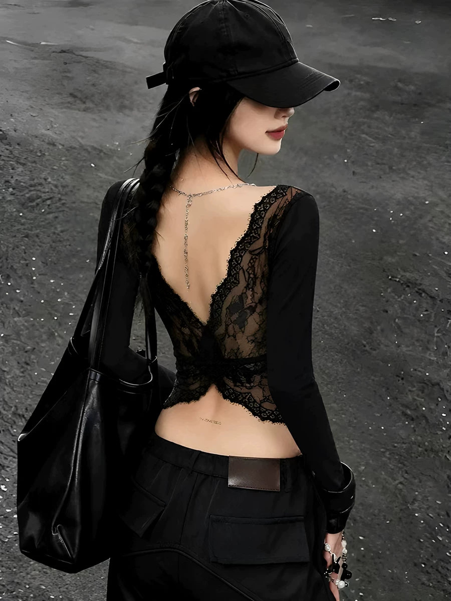 Women's Black Lace Slim-Fit Square Neck Open-Back Long Sleeve Top Fashion Blouse Shirt for Office Outfits Business Casual Streetwear Weekend