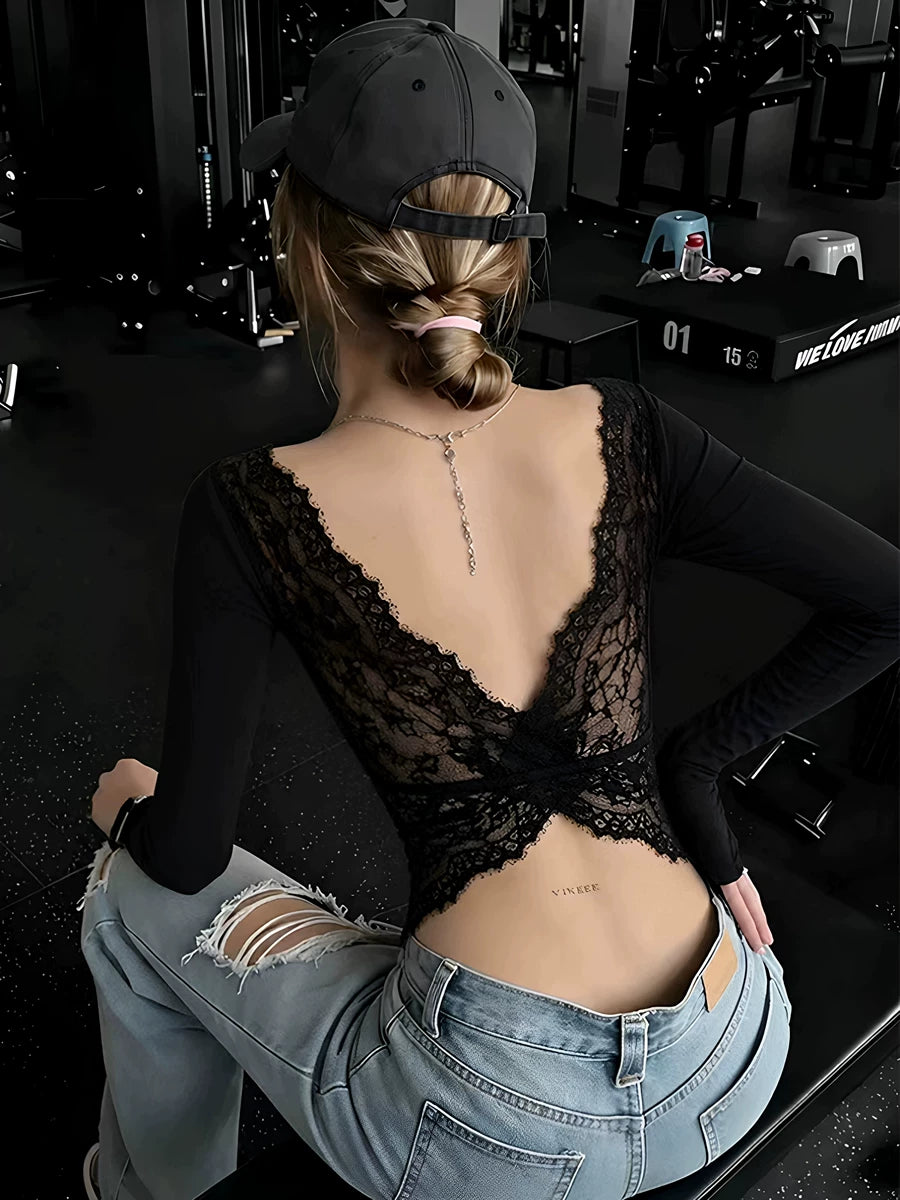 Women's Black Lace Slim-Fit Square Neck Open-Back Long Sleeve Top Fashion Blouse Shirt for Office Outfits Business Casual Streetwear Weekend