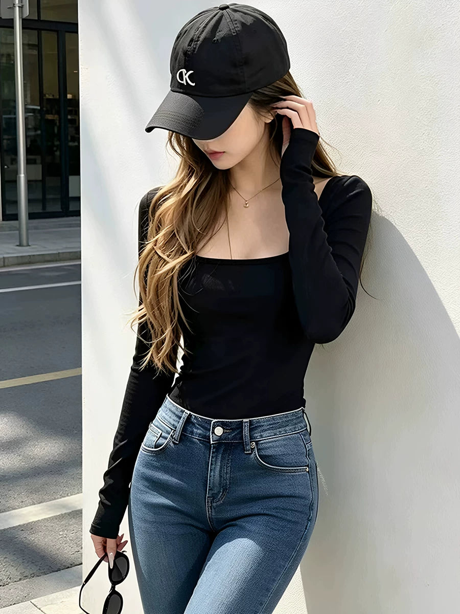 Women's Black Lace Slim-Fit Square Neck Open-Back Long Sleeve Top Fashion Blouse Shirt for Office Outfits Business Casual Streetwear Weekend