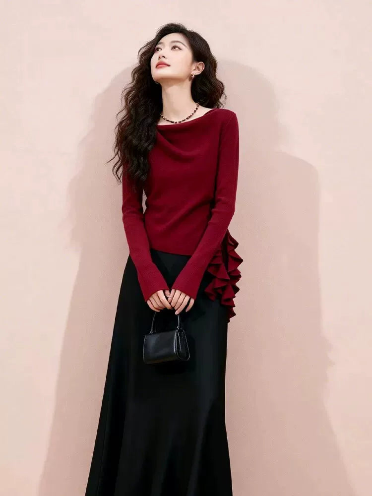 Women's Ruffle Tweed-Style Sweater Knit Pullover Top for Fall Winter Spring Travel Office Everyday Date Night