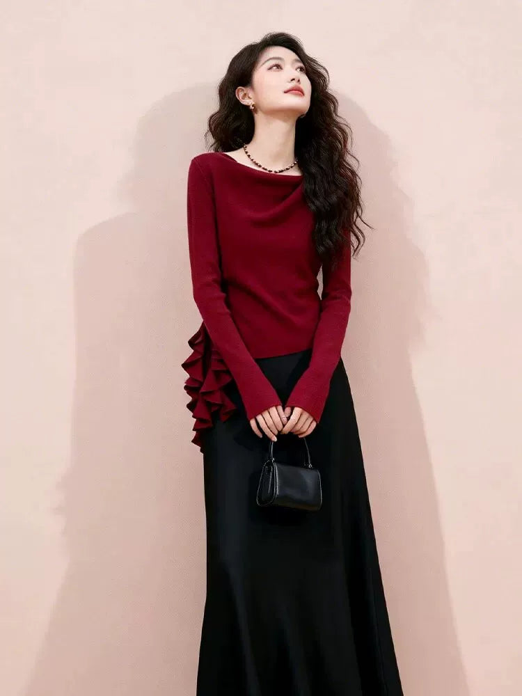 Women's Ruffle Tweed-Style Sweater Knit Pullover Top for Fall Winter Spring Travel Office Everyday Date Night