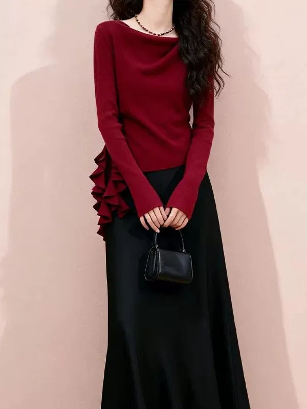 Women's Ruffle Tweed-Style Sweater Knit Pullover Top for Fall Winter Spring Travel Office Everyday Date Night