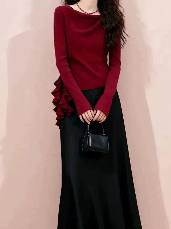 Women's Ruffle Tweed-Style Sweater Knit Pullover Top for Fall Winter Spring Travel Office Everyday Date Night
