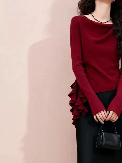Women's Ruffle Tweed-Style Sweater Knit Pullover Top for Fall Winter Spring Travel Office Everyday Date Night