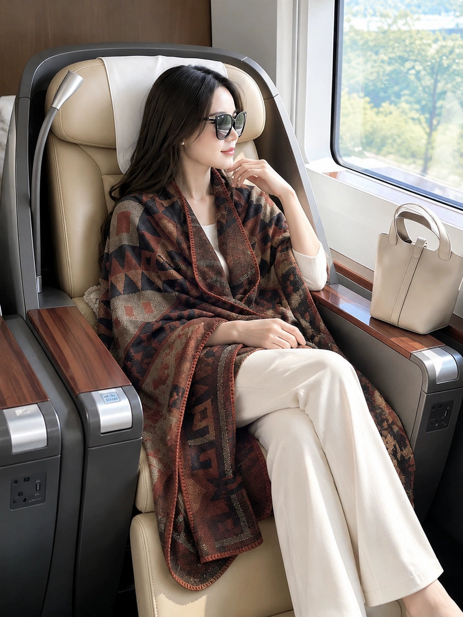 Women's Ethnic Fall Winter Geometric Fleece-Lined Brown-Tone Knit Shawl for Office and Travel Evening Gift Holiday Gift