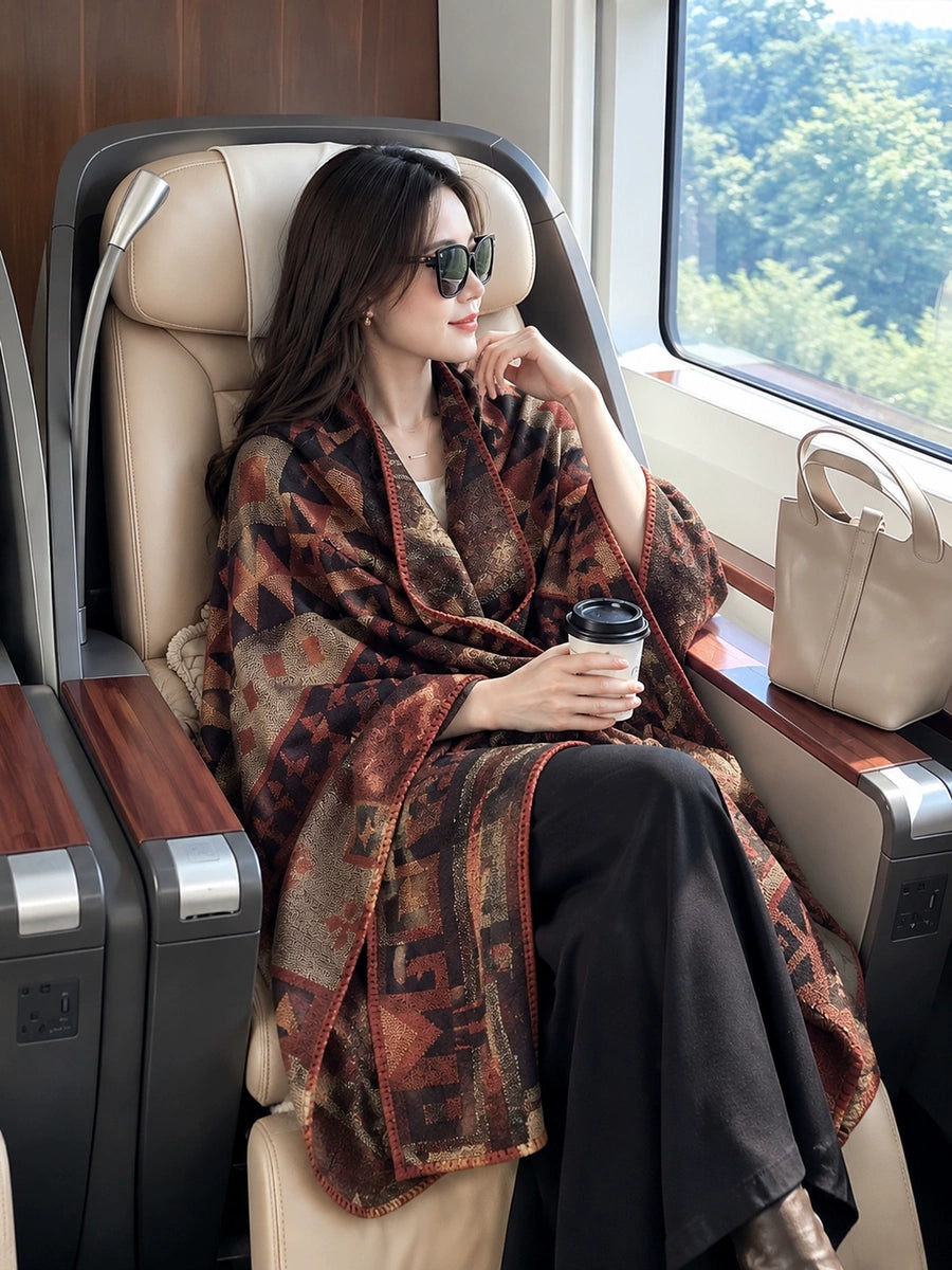Women's Ethnic Fall Winter Geometric Fleece-Lined Brown-Tone Knit Shawl for Office and Travel Evening Gift Holiday Gift