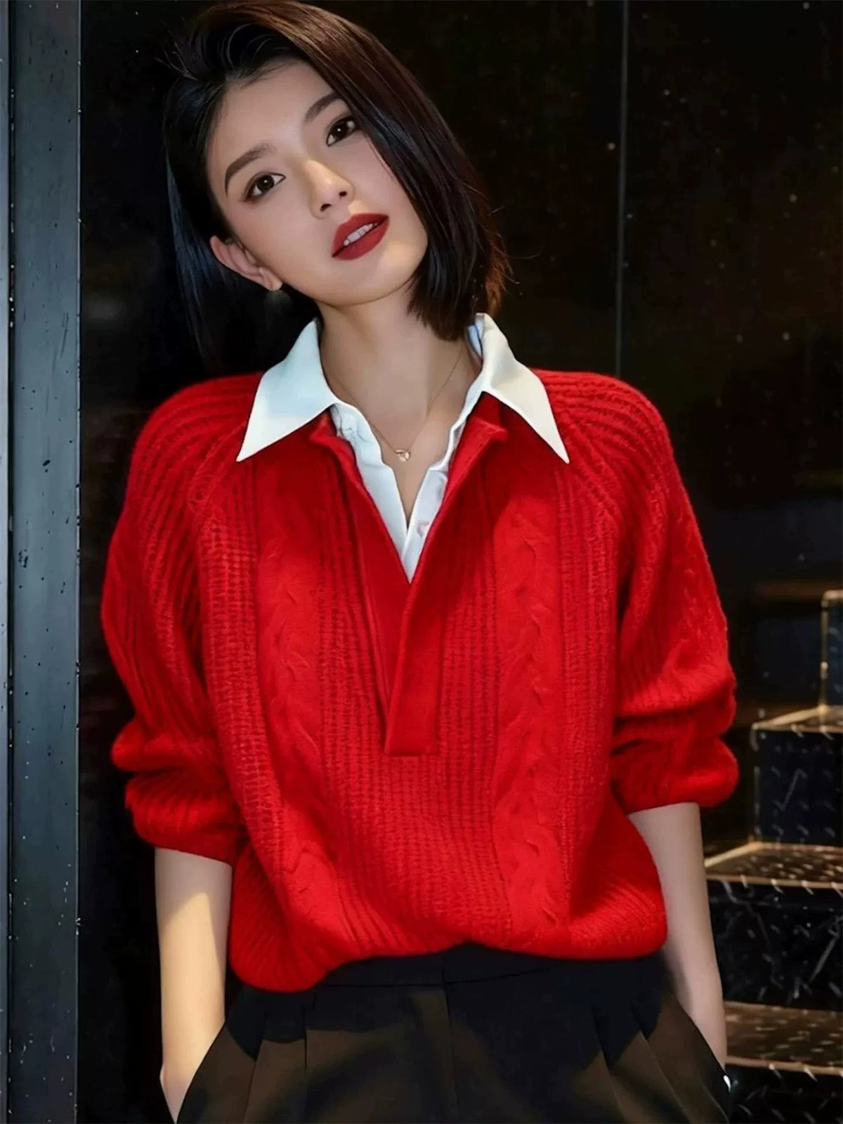 Women's Knit Lapel Layered Hoodie Color-Block Sweatshirt for Casual Streetwear Fall Travel and Weekend Everyday Date Night