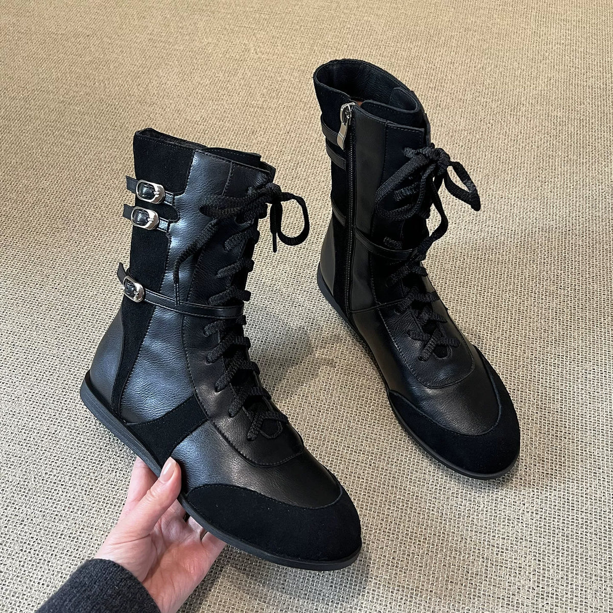 Women's Fall Winter Leather Flat Side Zip Lace-Up Tall Riding Boots Combat Ankle for Office and Weekend Streetwear Everyday Wear
