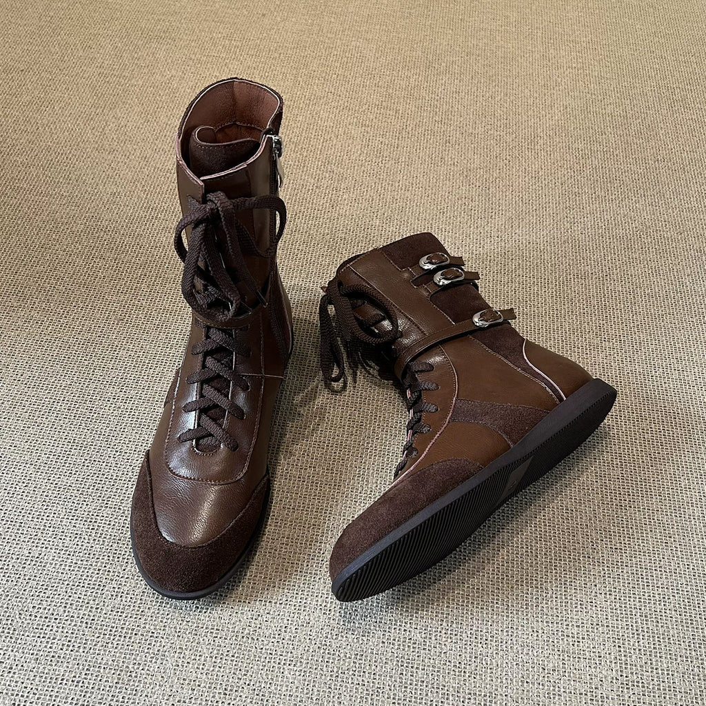 Women's Fall Winter Leather Flat Side Zip Lace-Up Tall Riding Boots Combat Ankle for Office and Weekend Streetwear Everyday Wear