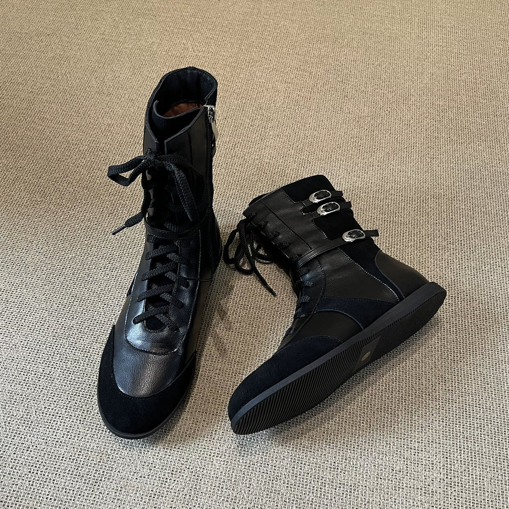 Women's Fall Winter Leather Flat Side Zip Lace-Up Tall Riding Boots Combat Ankle for Office and Weekend Streetwear Everyday Wear