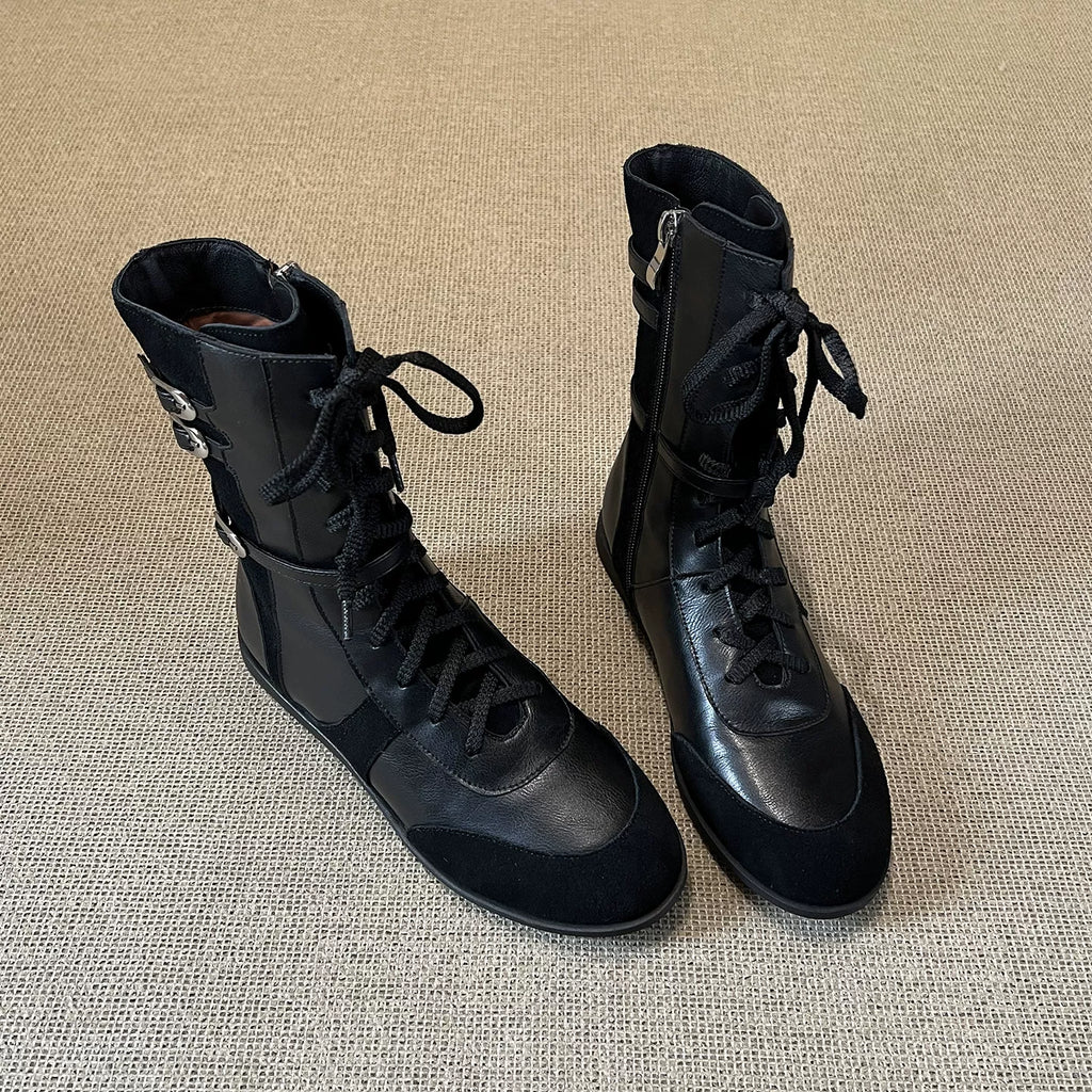 Women's Fall Winter Leather Flat Side Zip Lace-Up Tall Riding Boots Combat Ankle for Office and Weekend Streetwear Everyday Wear