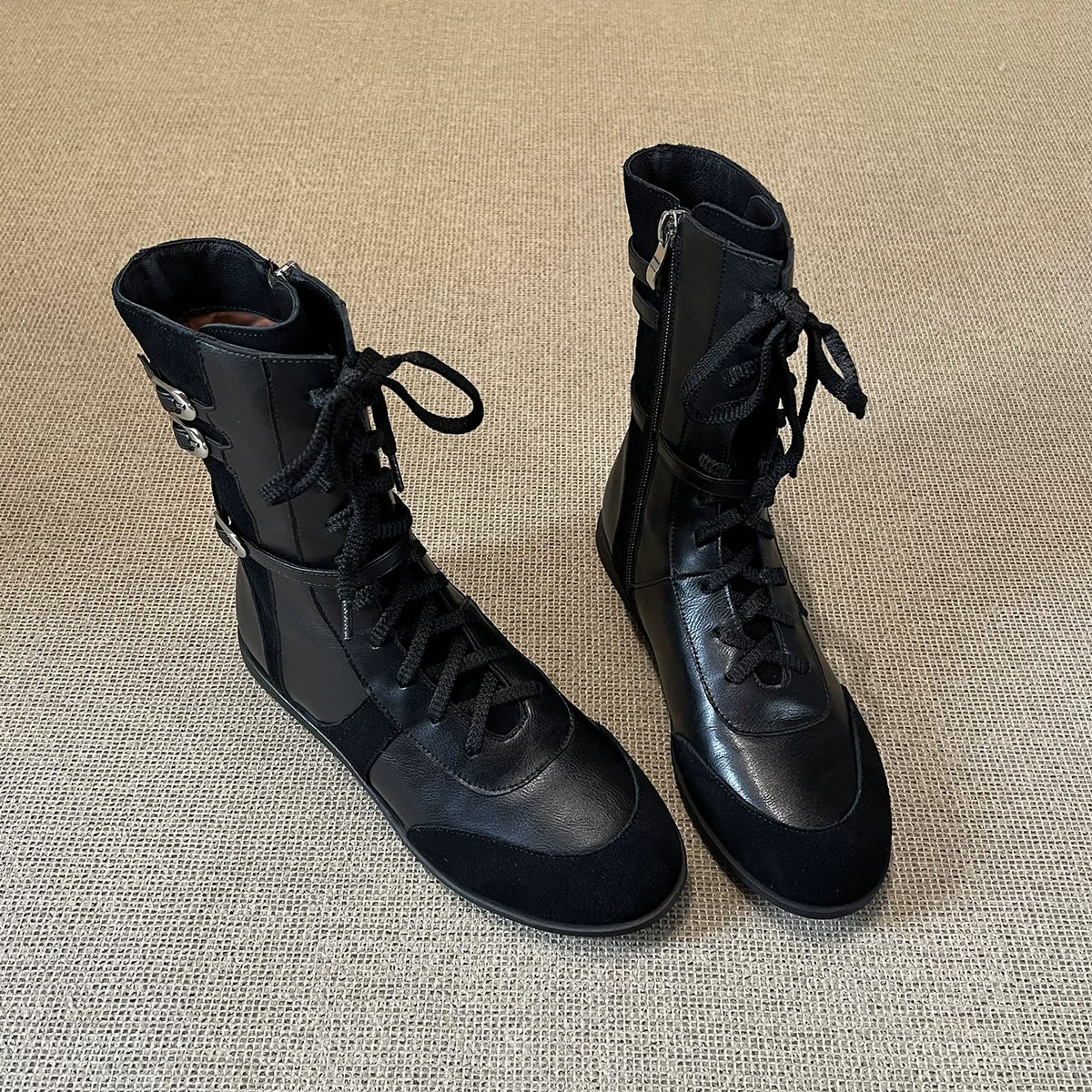 Women's Fall Winter Leather Flat Side Zip Lace-Up Tall Riding Boots Combat Ankle for Office and Weekend Streetwear Everyday Wear