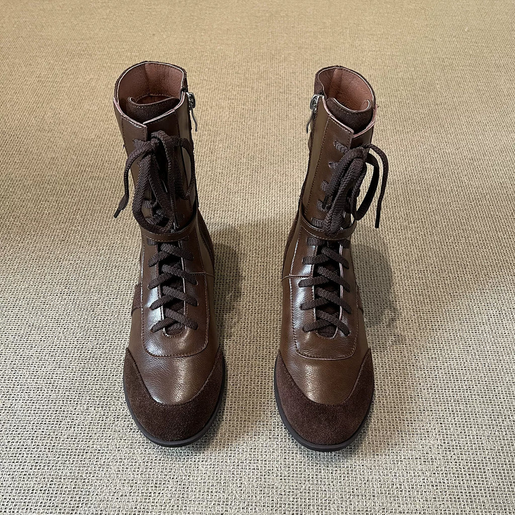 Women's Fall Winter Leather Flat Side Zip Lace-Up Tall Riding Boots Combat Ankle for Office and Weekend Streetwear Everyday Wear