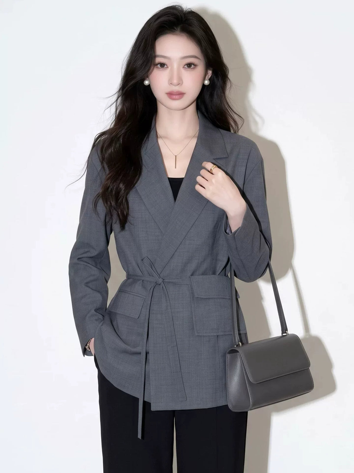Women's Grey Casual Blazer Office Workwear Jacket Business Holiday Date Night Spring Fall