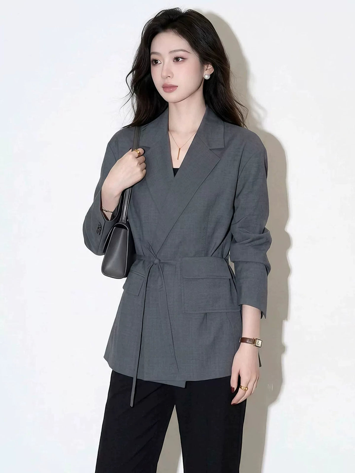 Women's Grey Casual Blazer Office Workwear Jacket Business Holiday Date Night Spring Fall