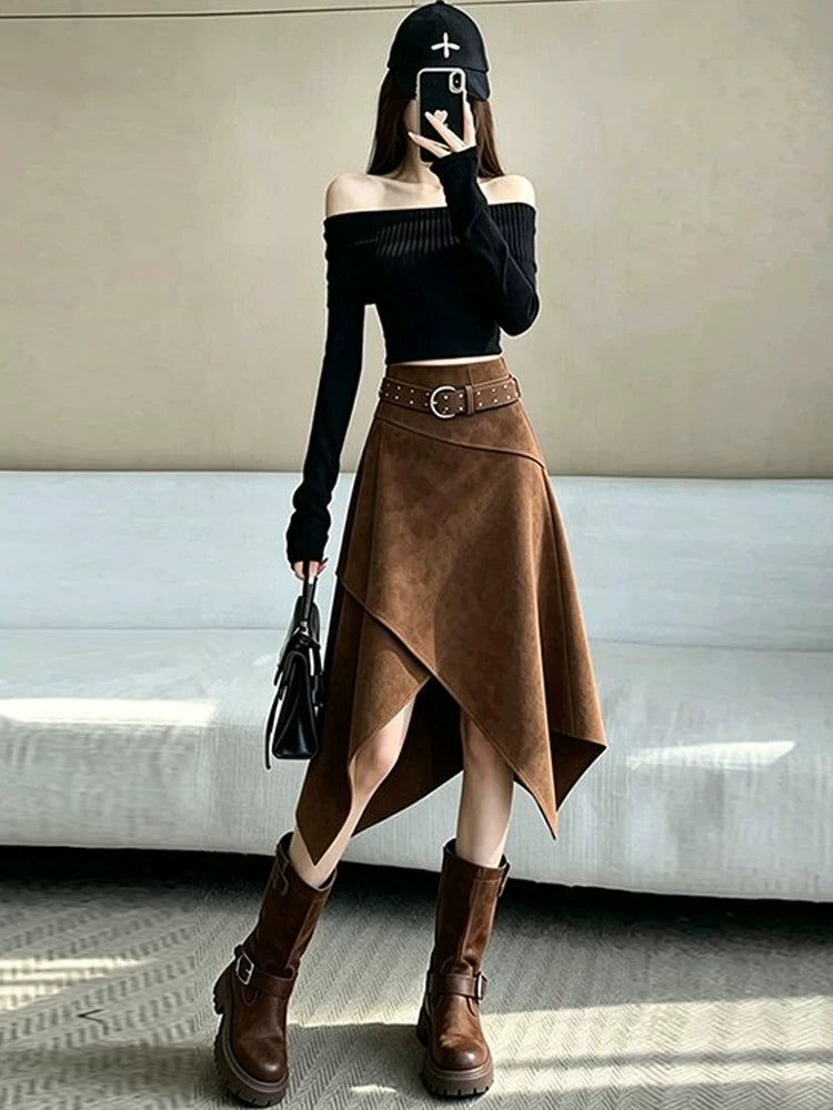 Women's Fall Winter A-Line High-Waist Midi Asymmetric Retro Skirt for Date Night Office Weekend Everyday Holiday Party