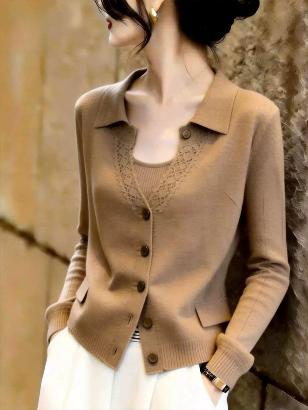 Women's Slim-fit Lapel Long Sleeve Knit Cardigan Open-front Sweater for Office Outfits Fall Work and Weekend Slimming Spring Everyday