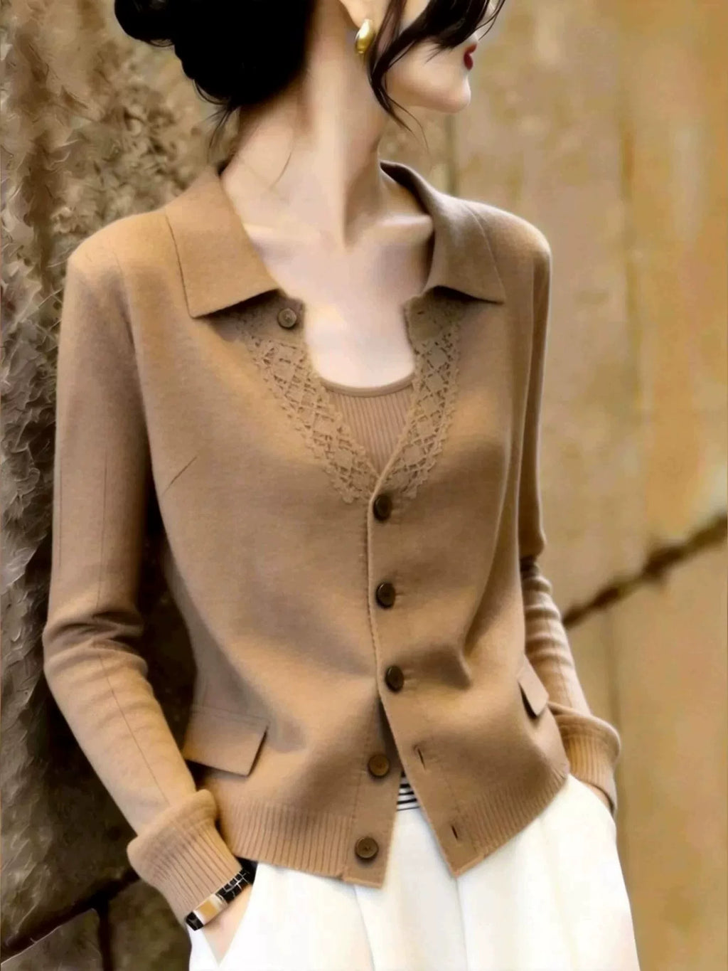 Women's Slim-fit Lapel Long Sleeve Knit Cardigan Open-front Sweater for Office Outfits Fall Work and Weekend Slimming Spring Everyday