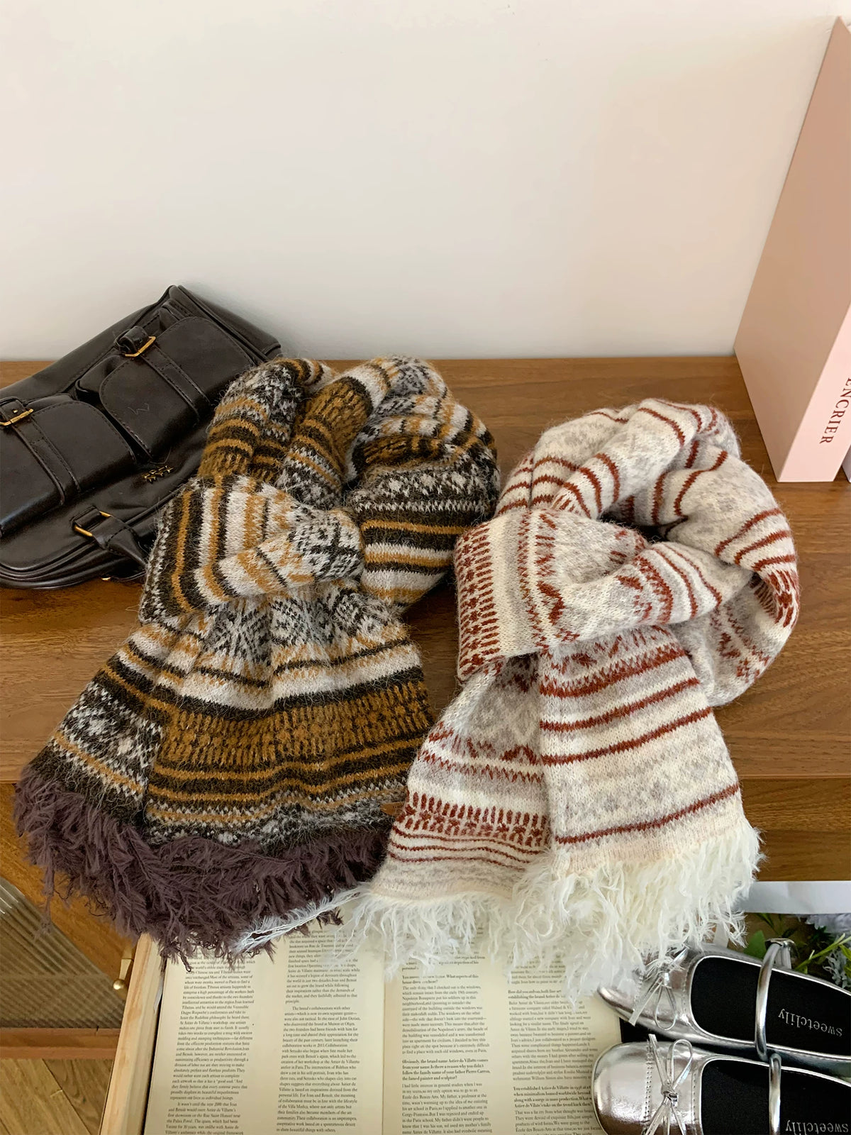 Women's Tassel Fall Winter Striped Fleece-Lined Korean-Style Knit Shawl for Office and Travel Evening Gift