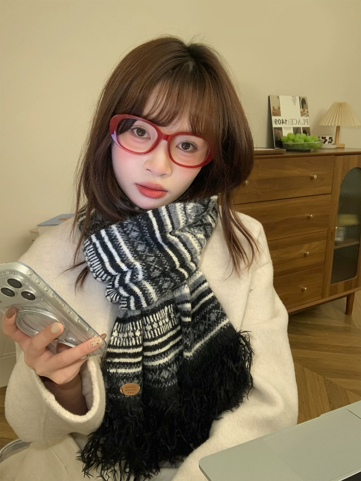 Women's Tassel Fall Winter Striped Fleece-Lined Korean-Style Knit Shawl for Office and Travel Evening Gift