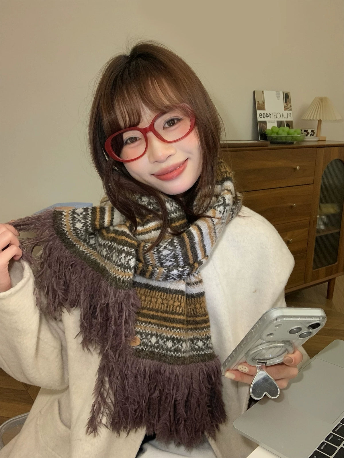 Women's Tassel Fall Winter Striped Fleece-Lined Korean-Style Knit Shawl for Office and Travel Evening Gift