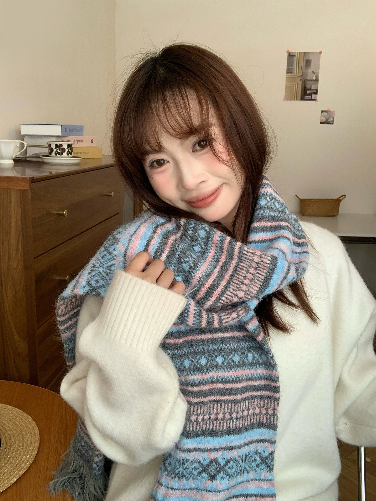 Women's Tassel Fall Winter Striped Fleece-Lined Korean-Style Knit Shawl for Office and Travel Evening Gift