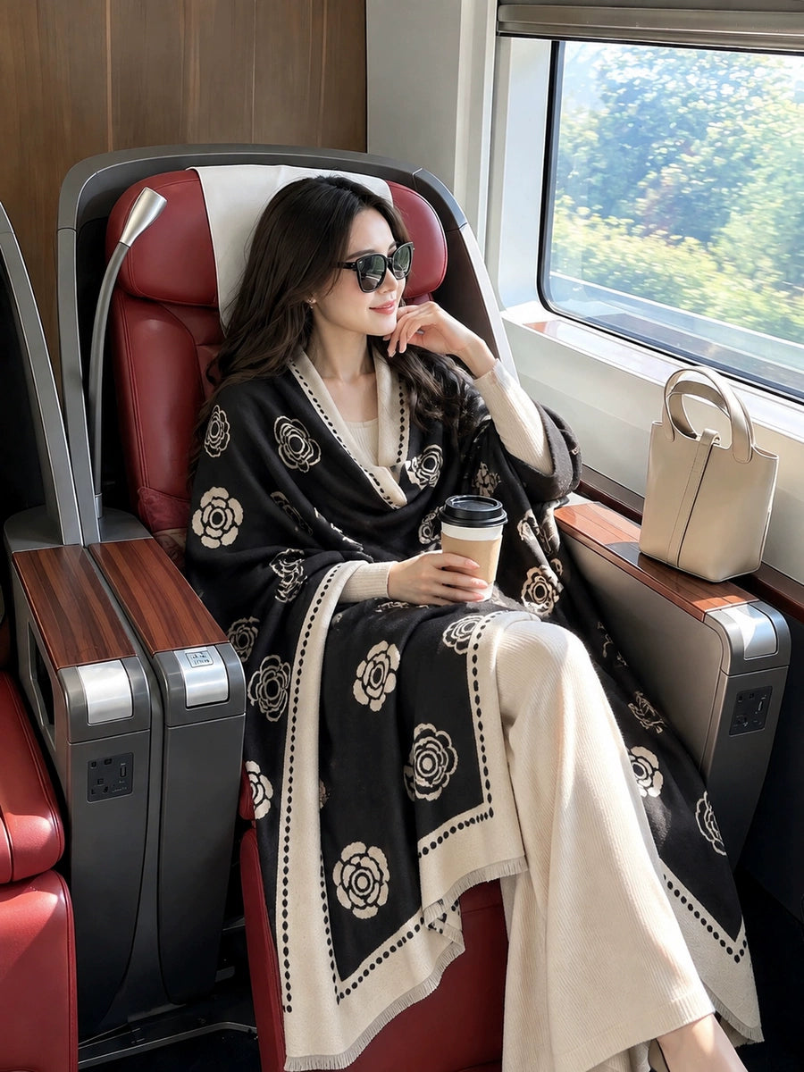 Women's Fall Winter White Fleece-Lined Tweed-Style Knit Shawl for Office and Travel Evening Gift Holiday Gift