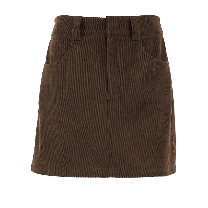 Women's Winter Bodycon Corduroy High-Waist Slim-Fit Brown-Tone Clothing Top Outfit