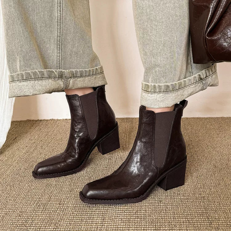 Women's Fall Winter Leather Square Toe Block Heel High Heel French-Inspired Chelsea Boots for Office and Weekend Streetwear Everyday Wear