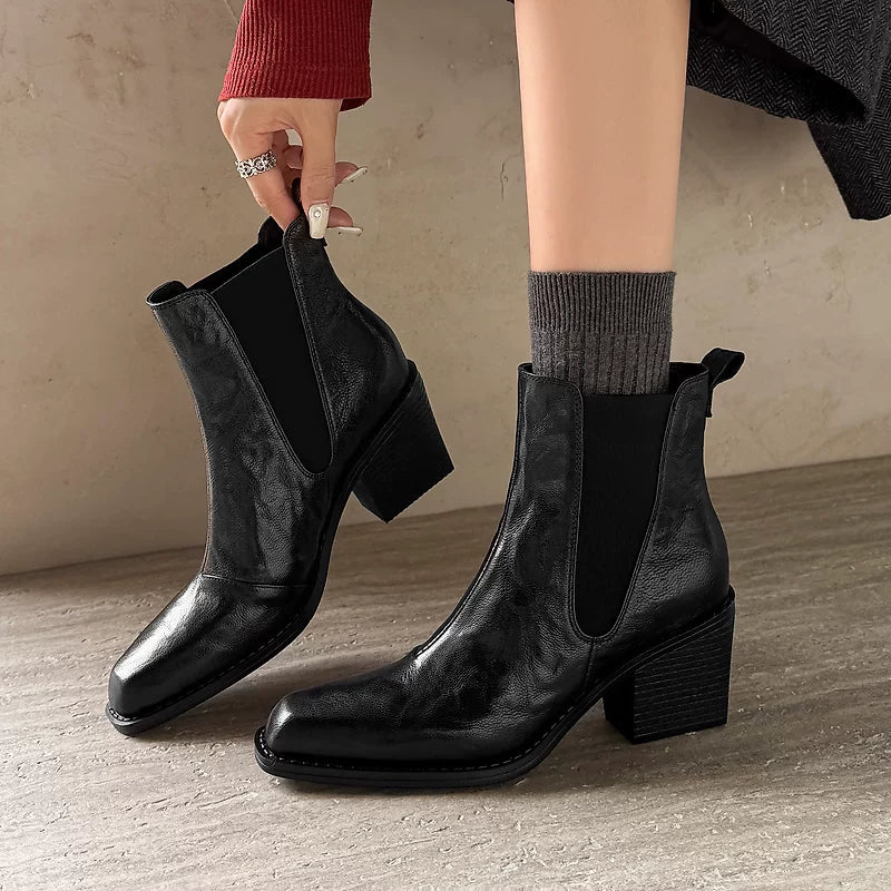 Women's Fall Winter Leather Square Toe Block Heel High Heel French-Inspired Chelsea Boots for Office and Weekend Streetwear Everyday Wear
