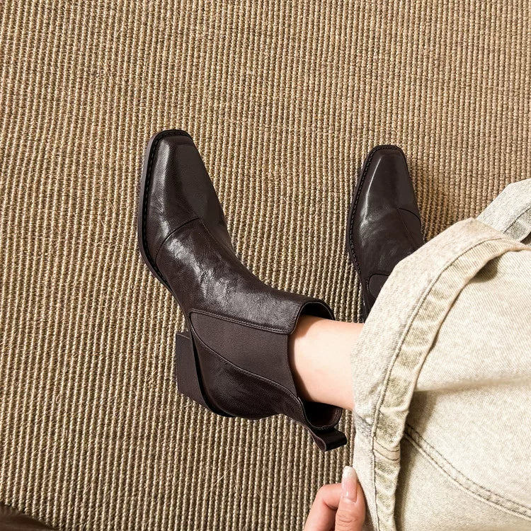 Women's Fall Winter Leather Square Toe Block Heel High Heel French-Inspired Chelsea Boots for Office and Weekend Streetwear Everyday Wear