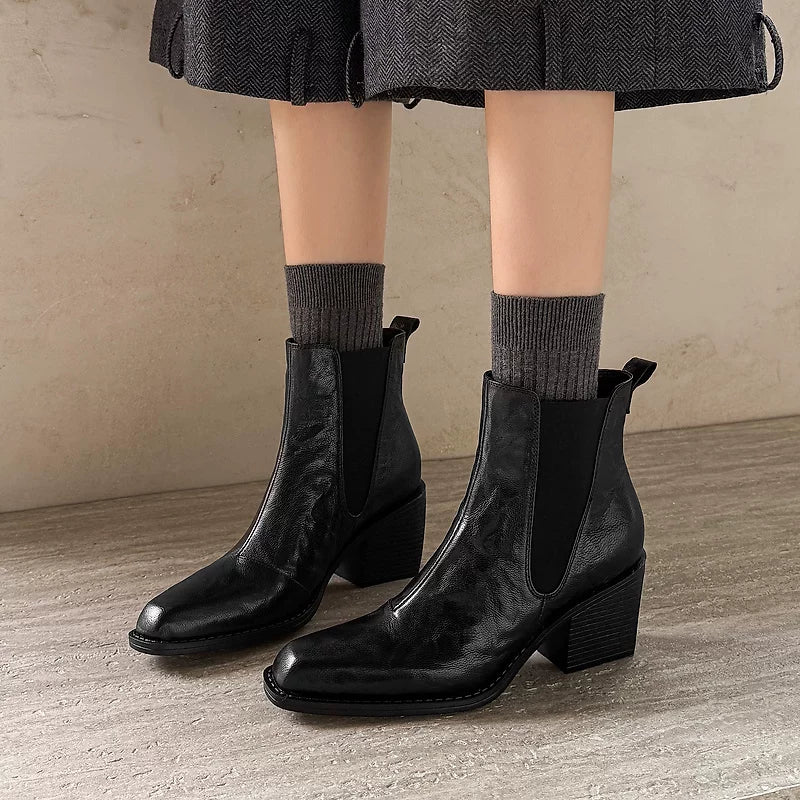 Women's Fall Winter Leather Square Toe Block Heel High Heel French-Inspired Chelsea Boots for Office and Weekend Streetwear Everyday Wear
