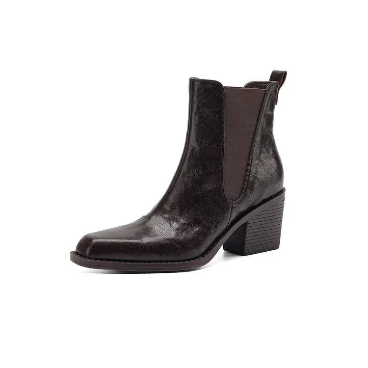 Women's Fall Winter Leather Square Toe Block Heel High Heel French-Inspired Chelsea Boots for Office and Weekend Streetwear Everyday Wear