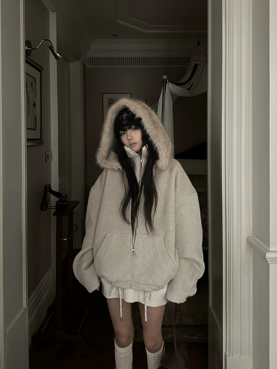 Women's Wool Fur-Collar Apricot Fleece-Lined Cropped Winter Coat for Fall Layering Travel Office Holiday Date Night