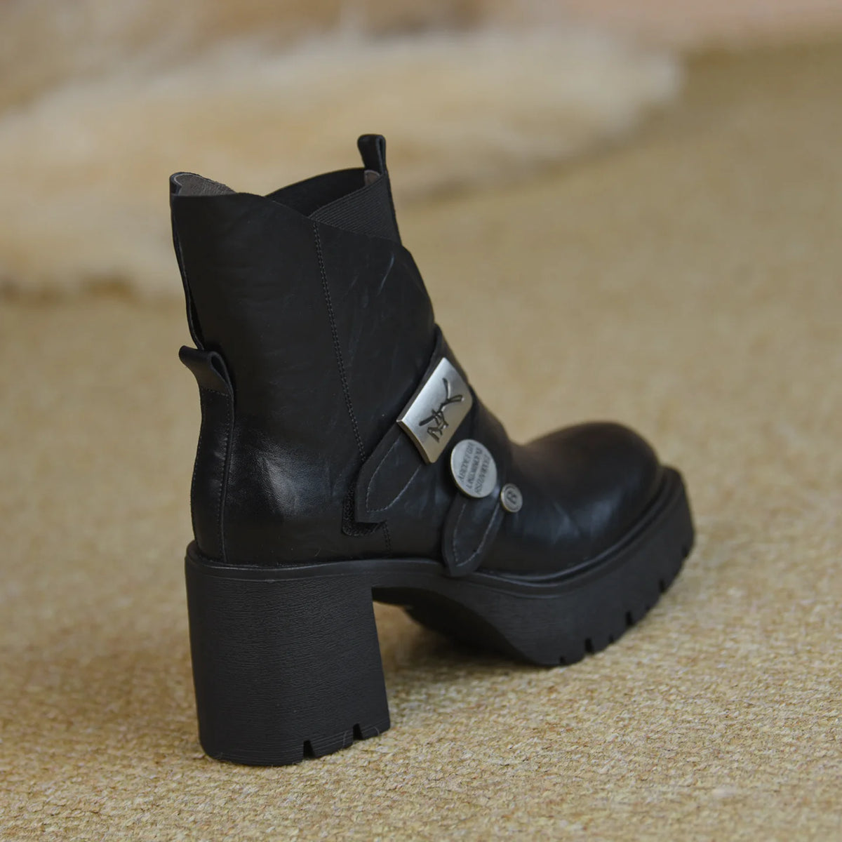 Women's Winter Chunky Sole Square Toe Fleece-Lined Block Heel High Heel Color-Block Ankle Boots for Fall Outfits Streetwear Office and Weekend Everyday Wear