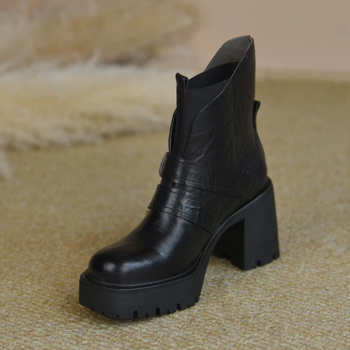 Women's Winter Chunky Sole Square Toe Fleece-Lined Block Heel High Heel Color-Block Ankle Boots for Fall Outfits Streetwear Office and Weekend Everyday Wear