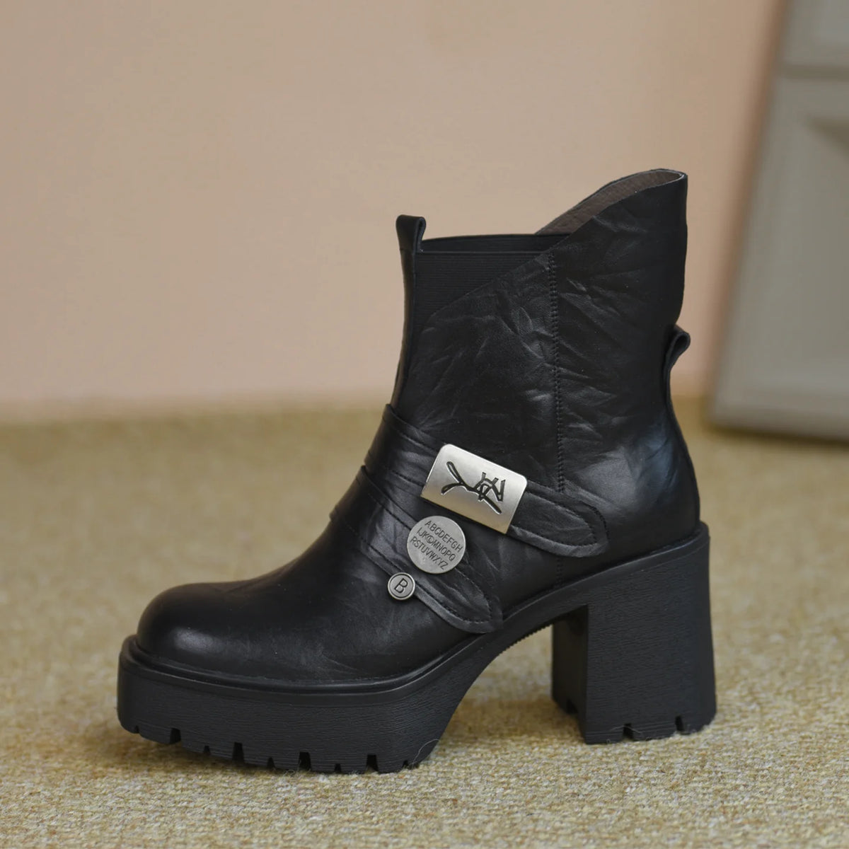 Women's Winter Chunky Sole Square Toe Fleece-Lined Block Heel High Heel Color-Block Ankle Boots for Fall Outfits Streetwear Office and Weekend Everyday Wear