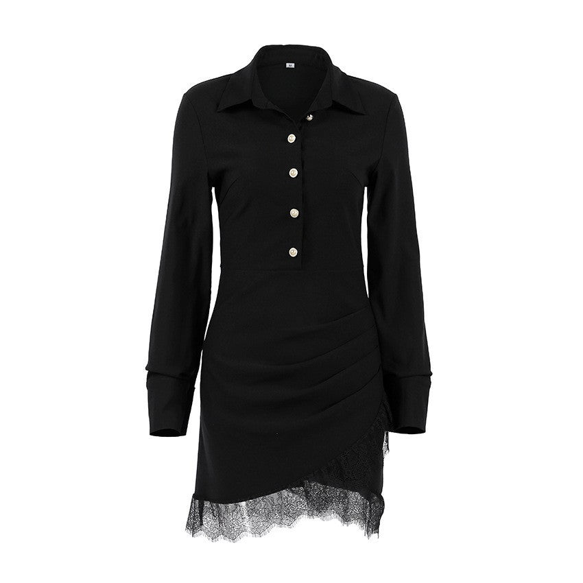 Women's Black Lace Lapel Bodycon French-inspired Retro Shirt Dress Day Midi Casual
